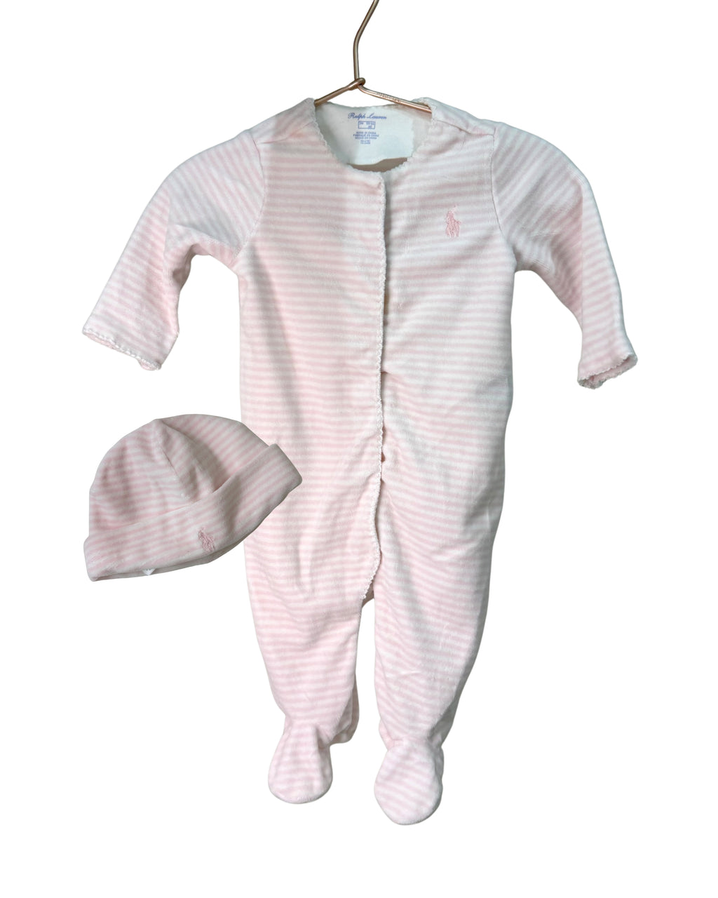 Ralph Lauren Velour Striped Onesie & Beanie Set